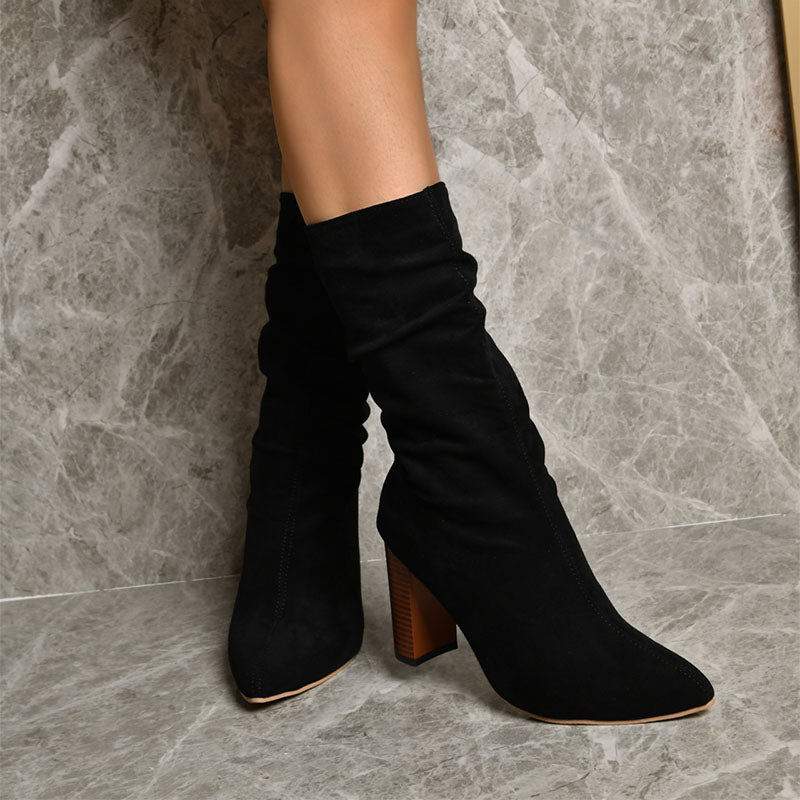Pointed Toe High Block Heels Boots Woman Winter Warm