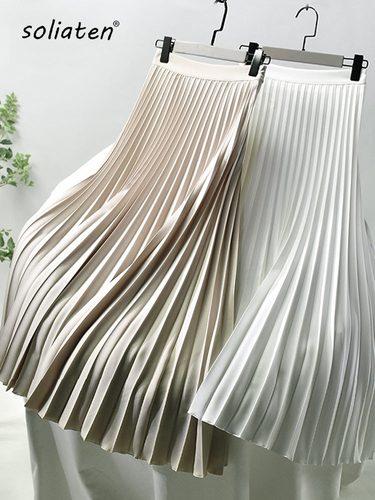 Brand Designer Women Spring Autumn Elegant Chic Solid Pleated Skirt High Waist Luxury Fashion