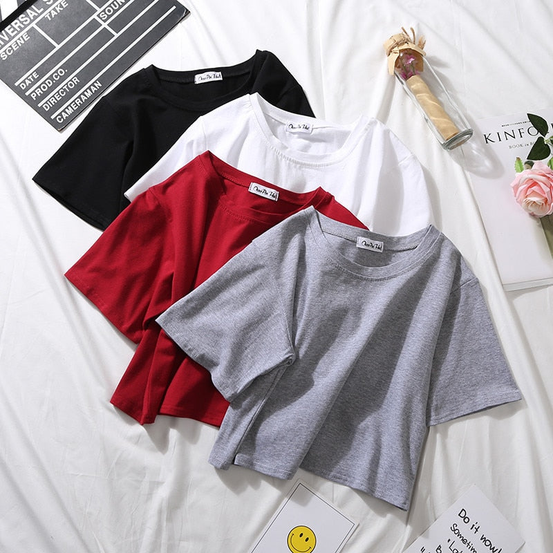 Summer Short Sleeve T Shirts Women Cotton Solid T-shirt