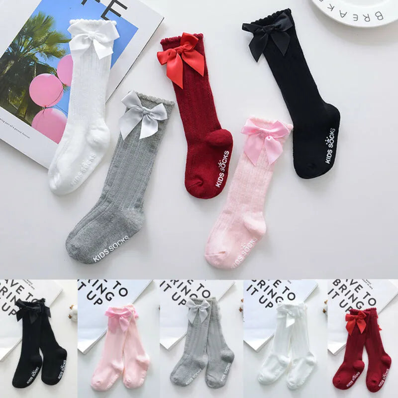 New Kids Toddlers Girls Big Bow Knee High Long Soft 100% Cotton Socks