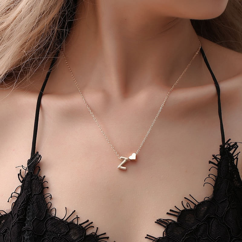 Fashion Tiny Heart Dainty Initial Necklace Gold Silver Color Letter Name
