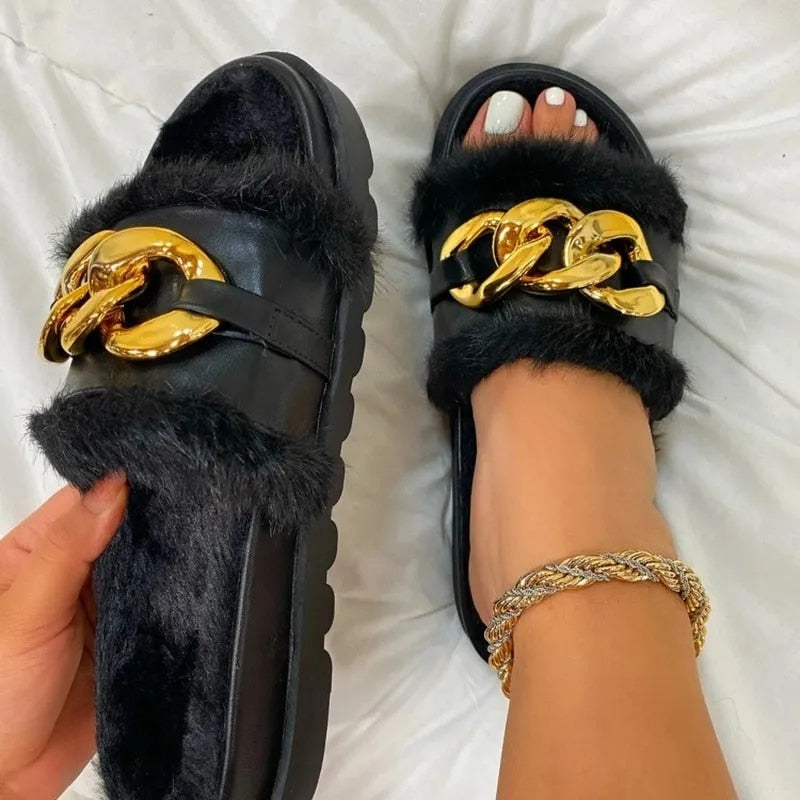 Winter Plush Slippers Fashion Open Toe Solid Color Women's Sandals Metal Chain