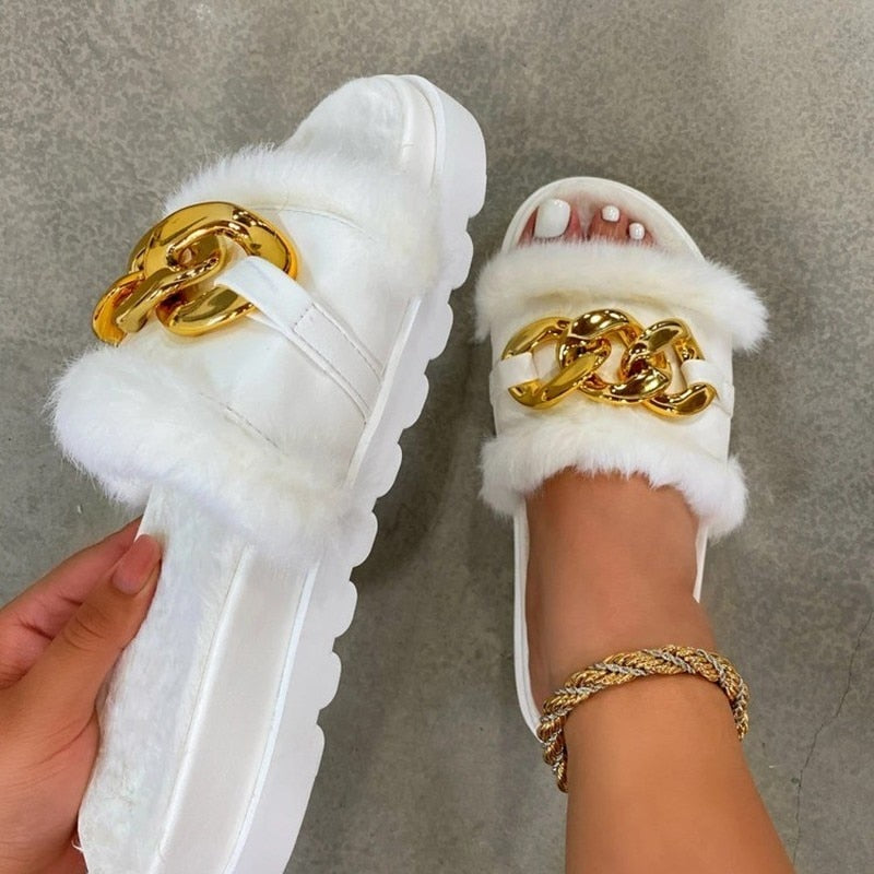 Winter Plush Slippers Fashion Open Toe Solid Color Women's Sandals Metal Chain