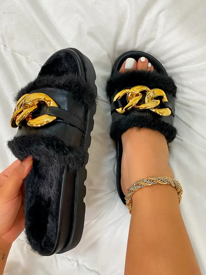 Winter Plush Slippers Fashion Open Toe Solid Color Women's Sandals Metal Chain