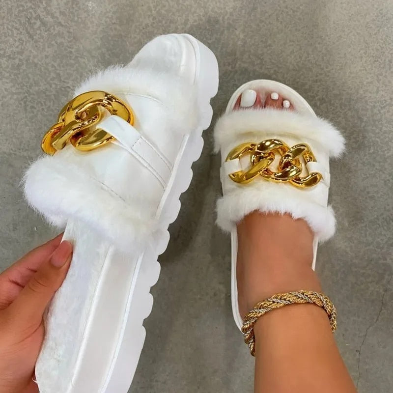 Winter Plush Slippers Fashion Open Toe Solid Color Women's Sandals Metal Chain