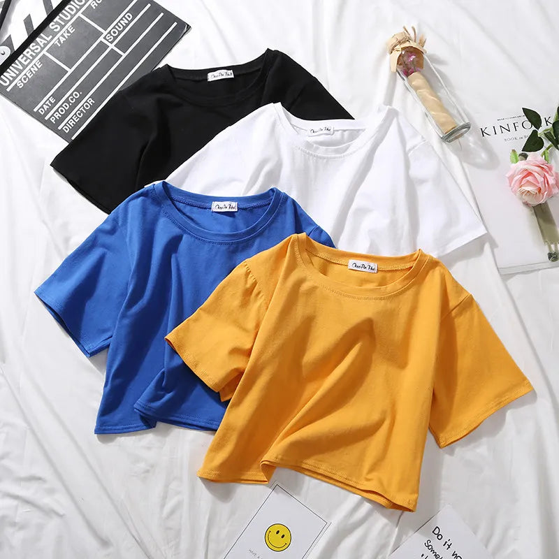 Summer Short Sleeve T Shirts Women Cotton Solid T-shirt