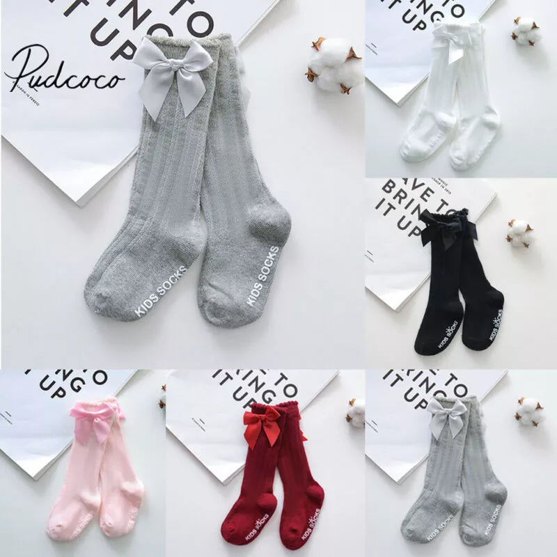 New Kids Toddlers Girls Big Bow Knee High Long Soft 100% Cotton Socks