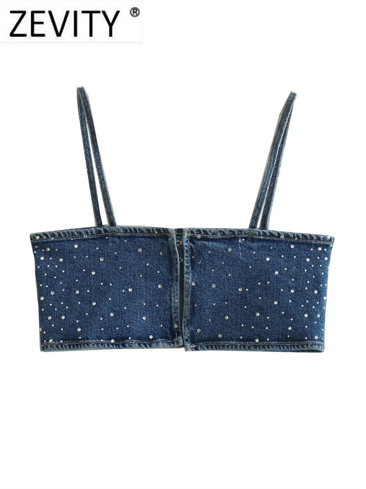 Women Sexy Hot Drilling Denim Short Sling Blouse Female