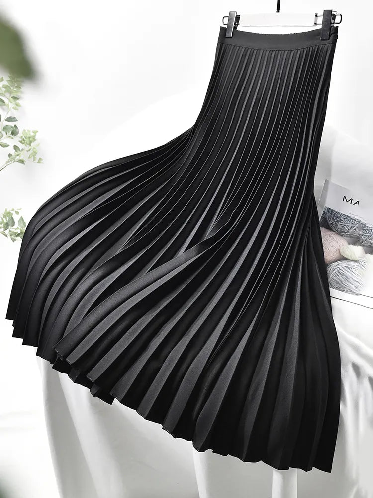 Brand Designer Women Spring Autumn Elegant Chic Solid Pleated Skirt High Waist Luxury Fashion