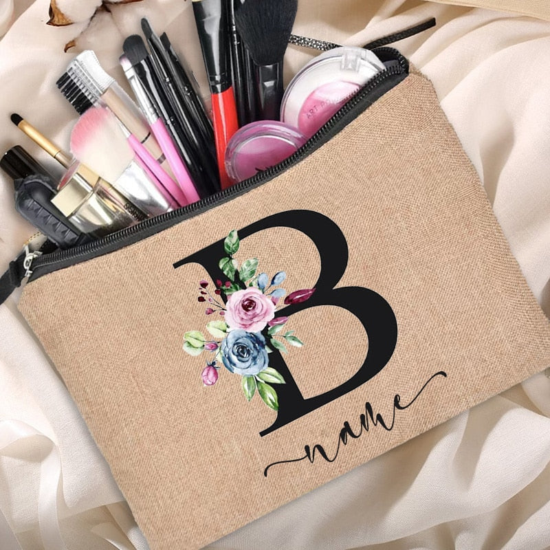 Customized Personalized Name Linen Cosmetic Bag Bridesmaid Clutch Outdoor Travel