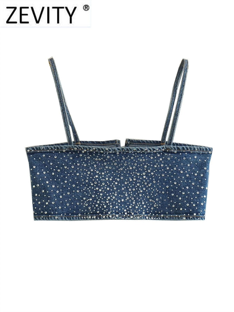 Women Sexy Hot Drilling Denim Short Sling Blouse Female