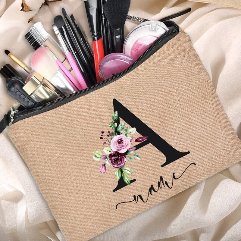 Customized Personalized Name Linen Cosmetic Bag Bridesmaid Clutch Outdoor Travel