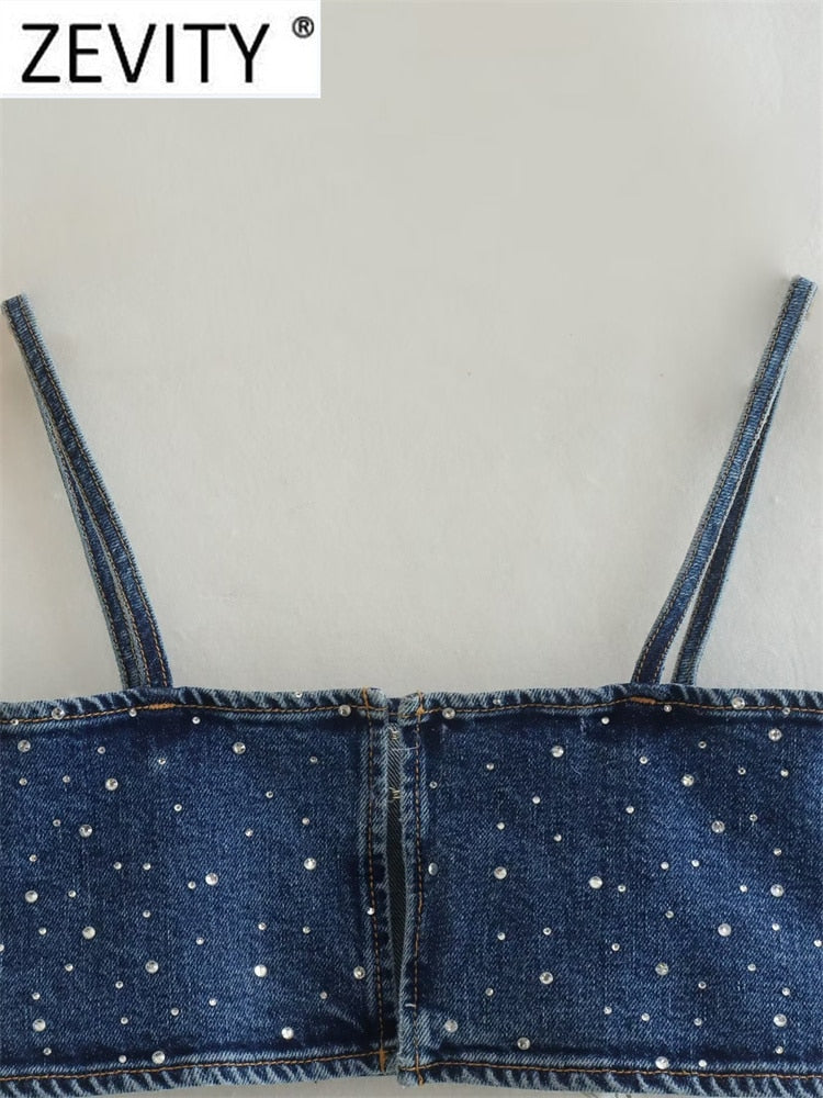 Women Sexy Hot Drilling Denim Short Sling Blouse Female