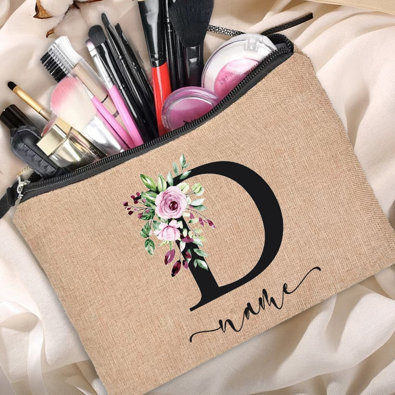 Customized Personalized Name Linen Cosmetic Bag Bridesmaid Clutch Outdoor Travel