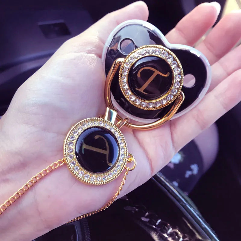 Black Bling Baby Pacifier And Clip Alphabet Letter M Infant Pacifier Gold Letter Unique Name