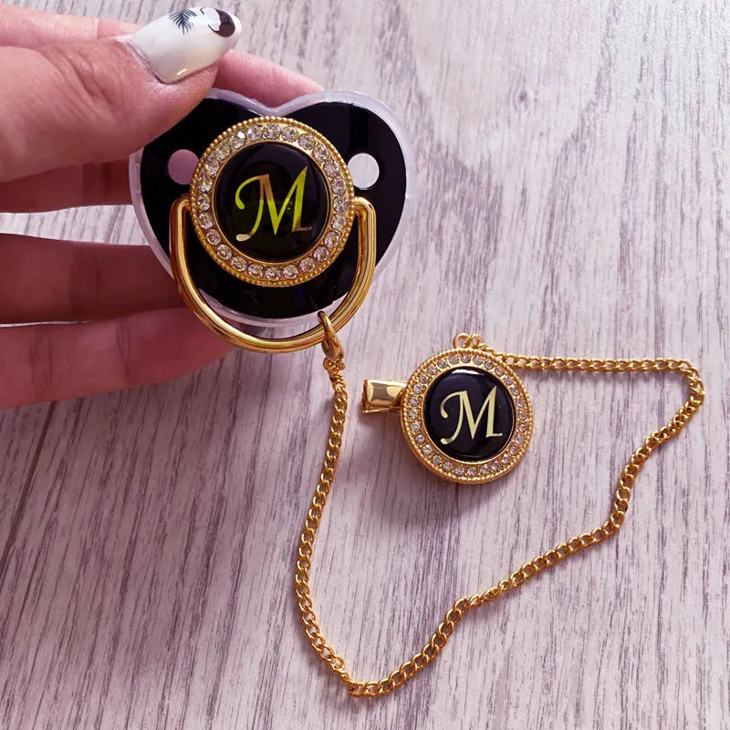 Black Bling Baby Pacifier And Clip Alphabet Letter M Infant Pacifier Gold Letter Unique Name