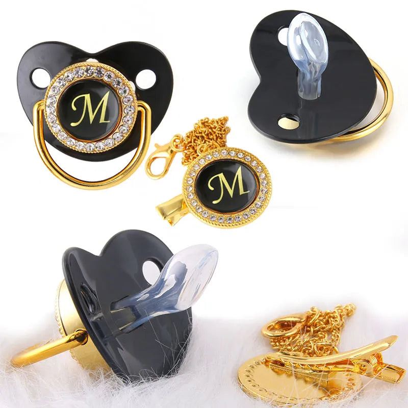 Black Bling Baby Pacifier And Clip Alphabet Letter M Infant Pacifier Gold Letter Unique Name