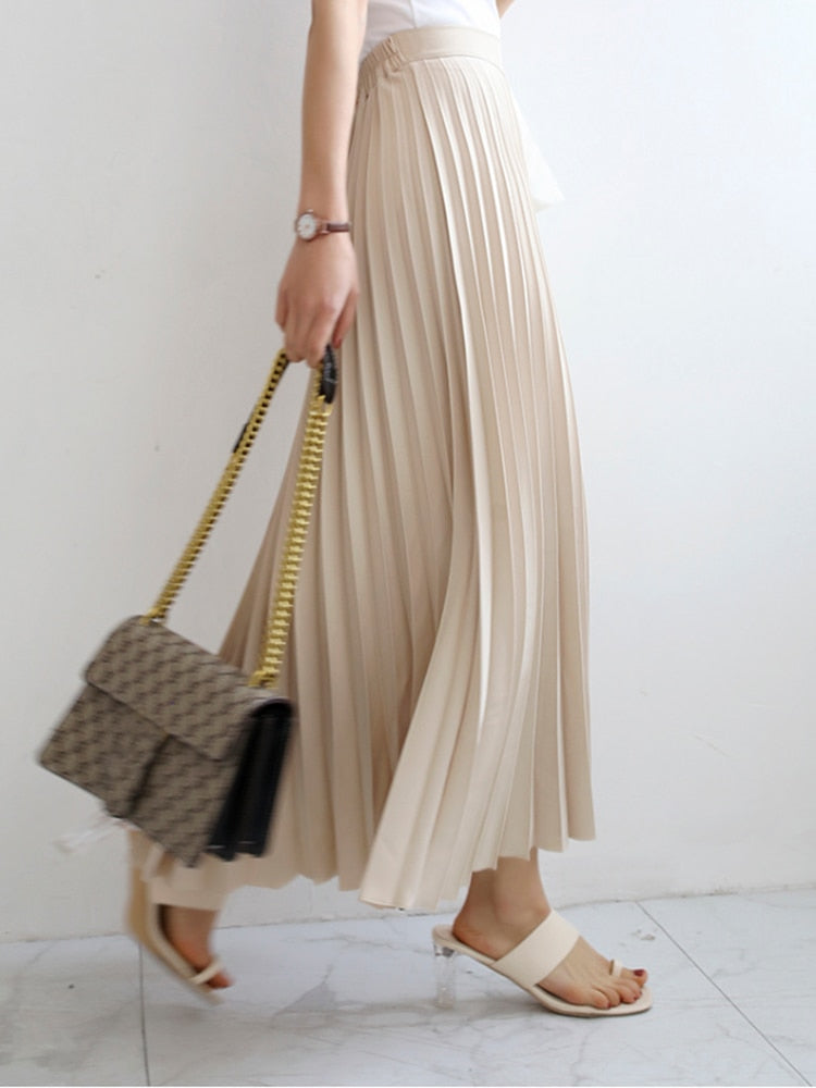 Brand Designer Women Spring Autumn Elegant Chic Solid Pleated Skirt High Waist Luxury Fashion