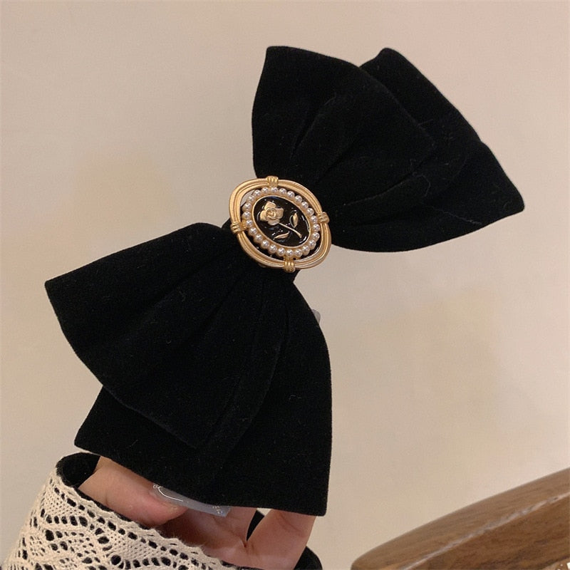 New Black Velvet Bow Hair Pins Elegant Fabric Alloy Roses Hair Clips for Women