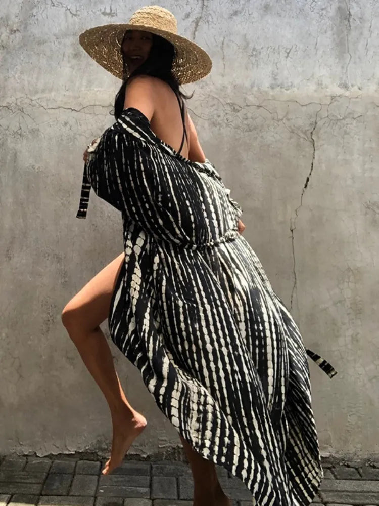 Beach Cover Ups for Swimwear Women Black Tie Dye Kimono Swimsuit Cape