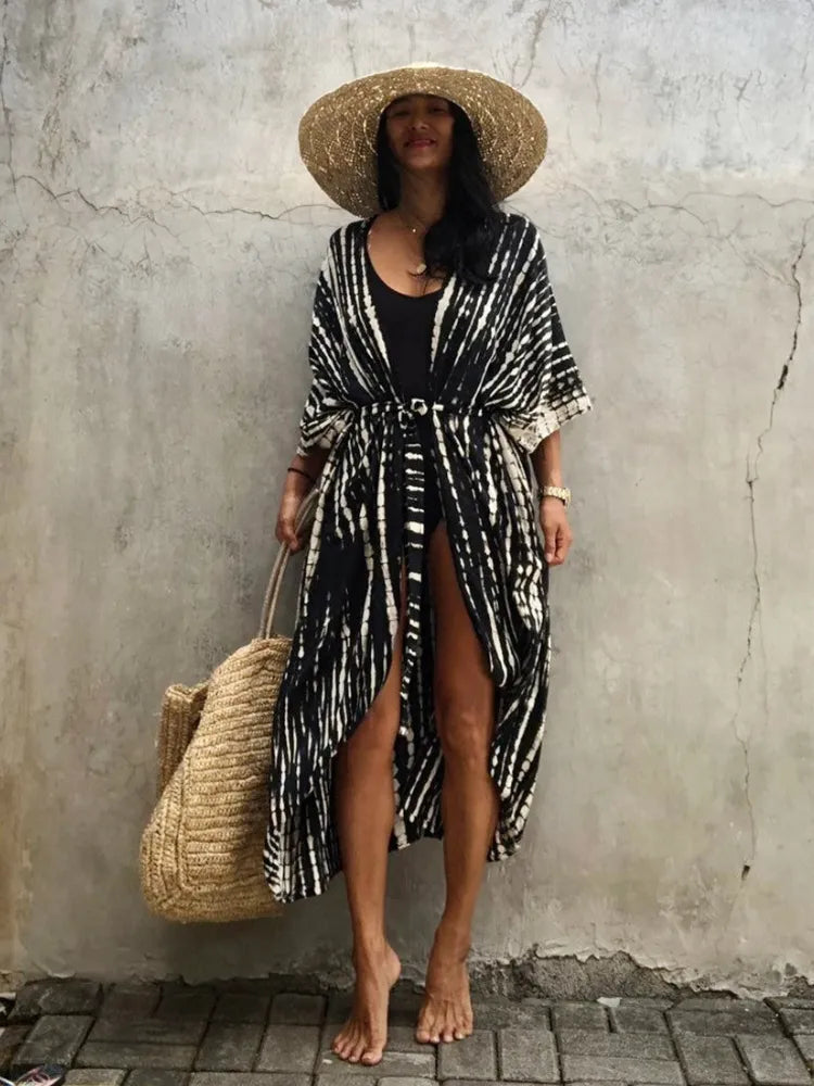 Beach Cover Ups for Swimwear Women Black Tie Dye Kimono Swimsuit Cape