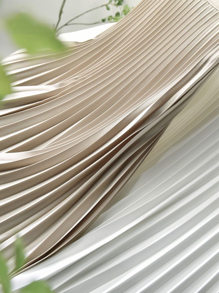 Brand Designer Women Spring Autumn Elegant Chic Solid Pleated Skirt High Waist Luxury Fashion