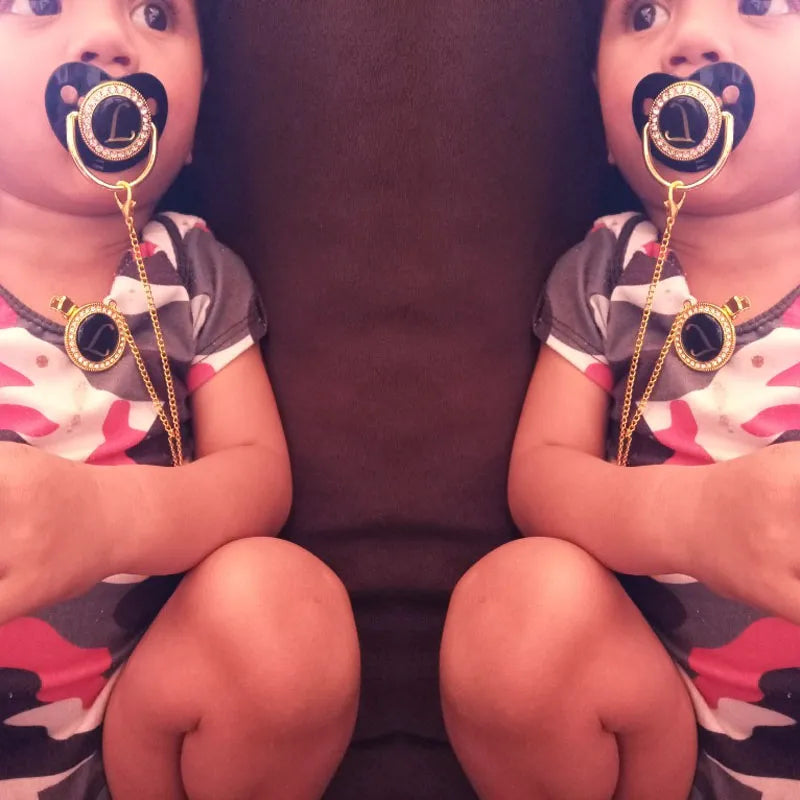 Black Bling Baby Pacifier And Clip Alphabet Letter M Infant Pacifier Gold Letter Unique Name