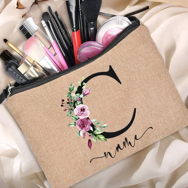 Customized Personalized Name Linen Cosmetic Bag Bridesmaid Clutch Outdoor Travel