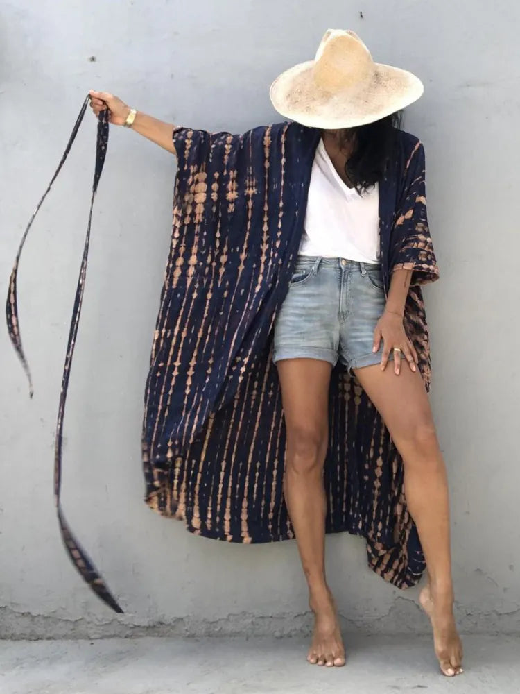 Beach Cover Ups for Swimwear Women Black Tie Dye Kimono Swimsuit Cape