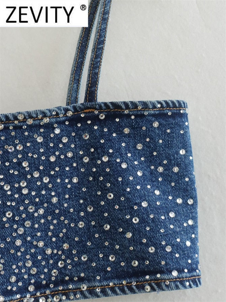 Women Sexy Hot Drilling Denim Short Sling Blouse Female