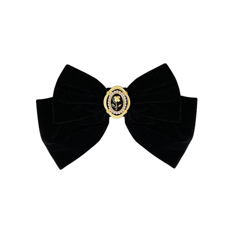 New Black Velvet Bow Hair Pins Elegant Fabric Alloy Roses Hair Clips for Women