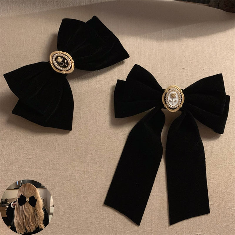 New Black Velvet Bow Hair Pins Elegant Fabric Alloy Roses Hair Clips for Women