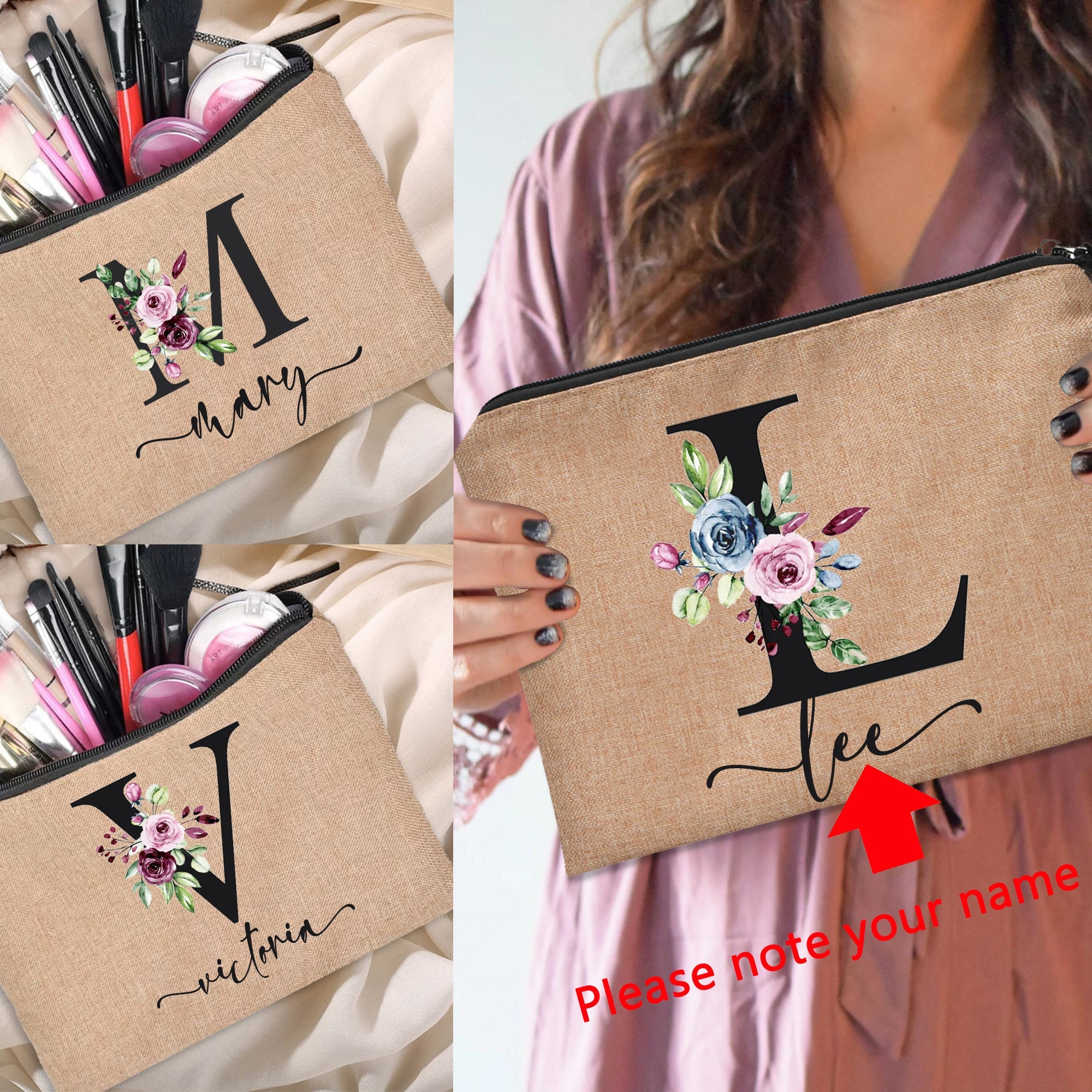 Customized Personalized Name Linen Cosmetic Bag Bridesmaid Clutch Outdoor Travel